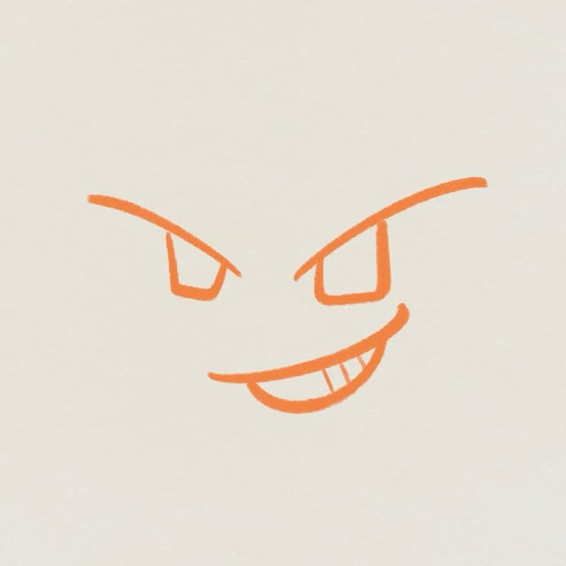 オレンジ色の線で描かれた鋭い目と歯を見せる顔