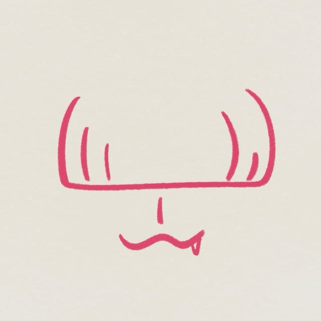 ピンク色の線で描かれた長い前髪と小さな口の顔